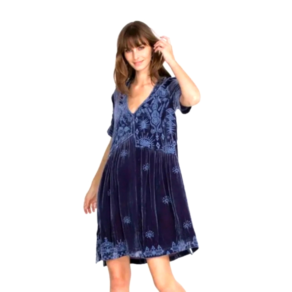 Johnny Was Dylan Embroidered Velvet Dress Tunic Small to Medium Iridescent Blue